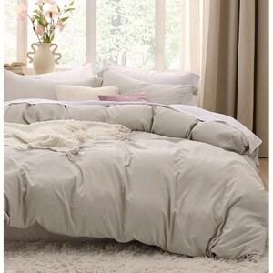 Bedsure Duvet Cover Queen Size - 3 Pieces Prewashed Color Linen - Beige